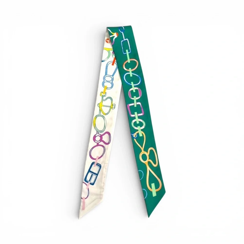 💗HERMES Silk Twilly Ribbon Scarf “Do Re Boucles” • Vert Vif Blanc (Green White)